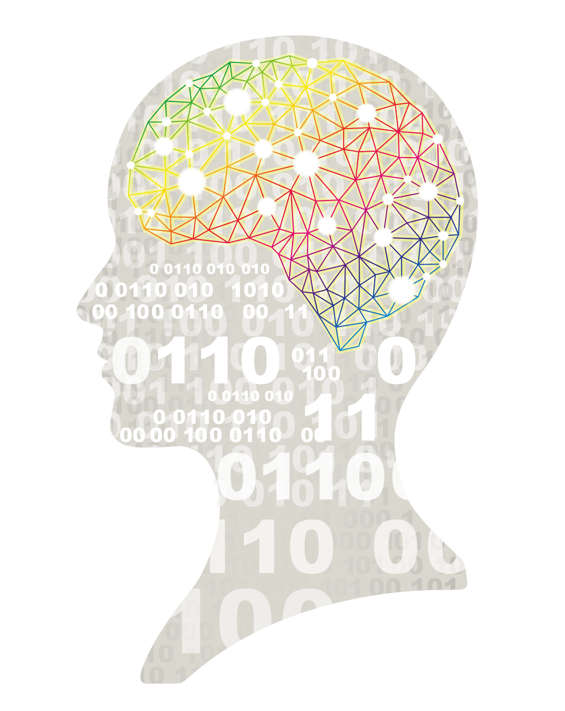 シルエットの頭部に、虹色のネットワークを表現した脳が描かれており、背景には二進数の数字がランダムに配置されている様子。
