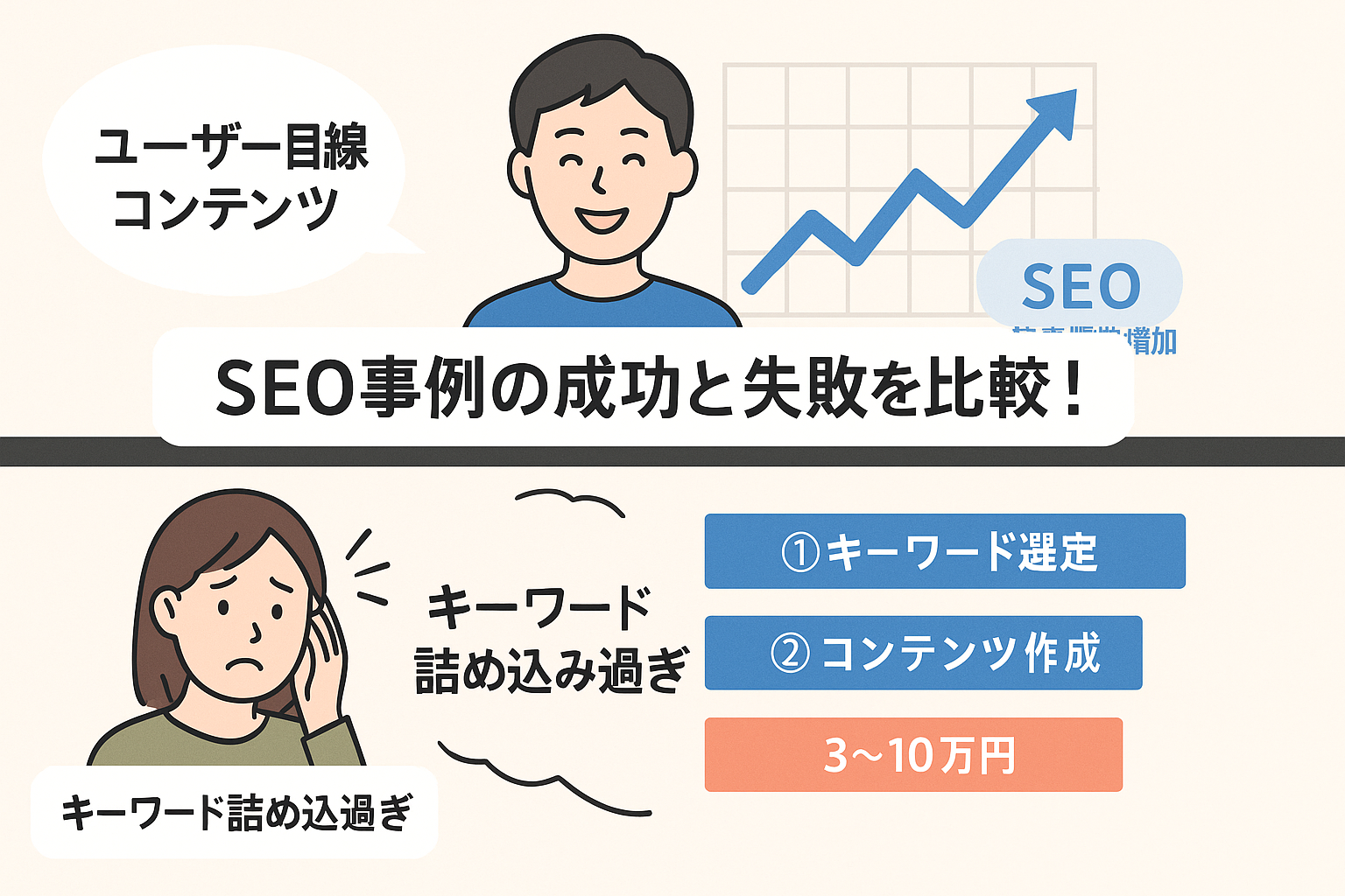 SEO成功例と失敗例の比較イメージ